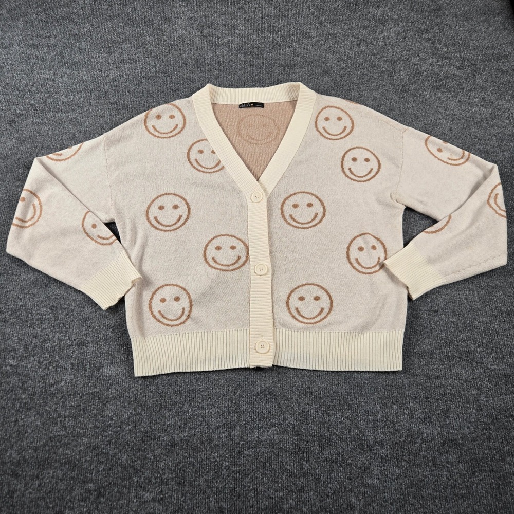 Nikka K Smiley Face Cardigan Sweater Womens Large Beige Brown Knit Button Front